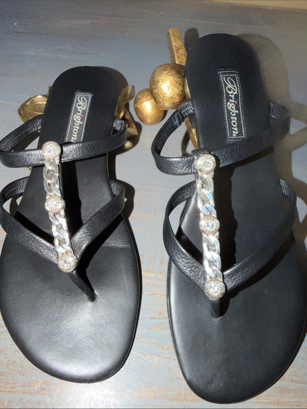 Brighton Black Sandal with Silver-Tone Jeweled T-Strap